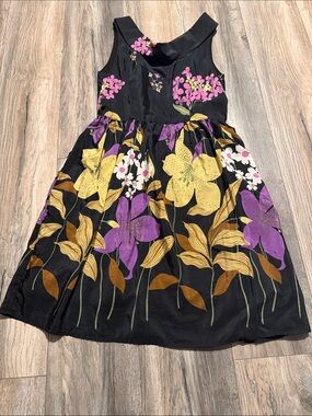 Corey Lynn Calter Black Dress with Purple and Yellow Floral Print 55%Silk